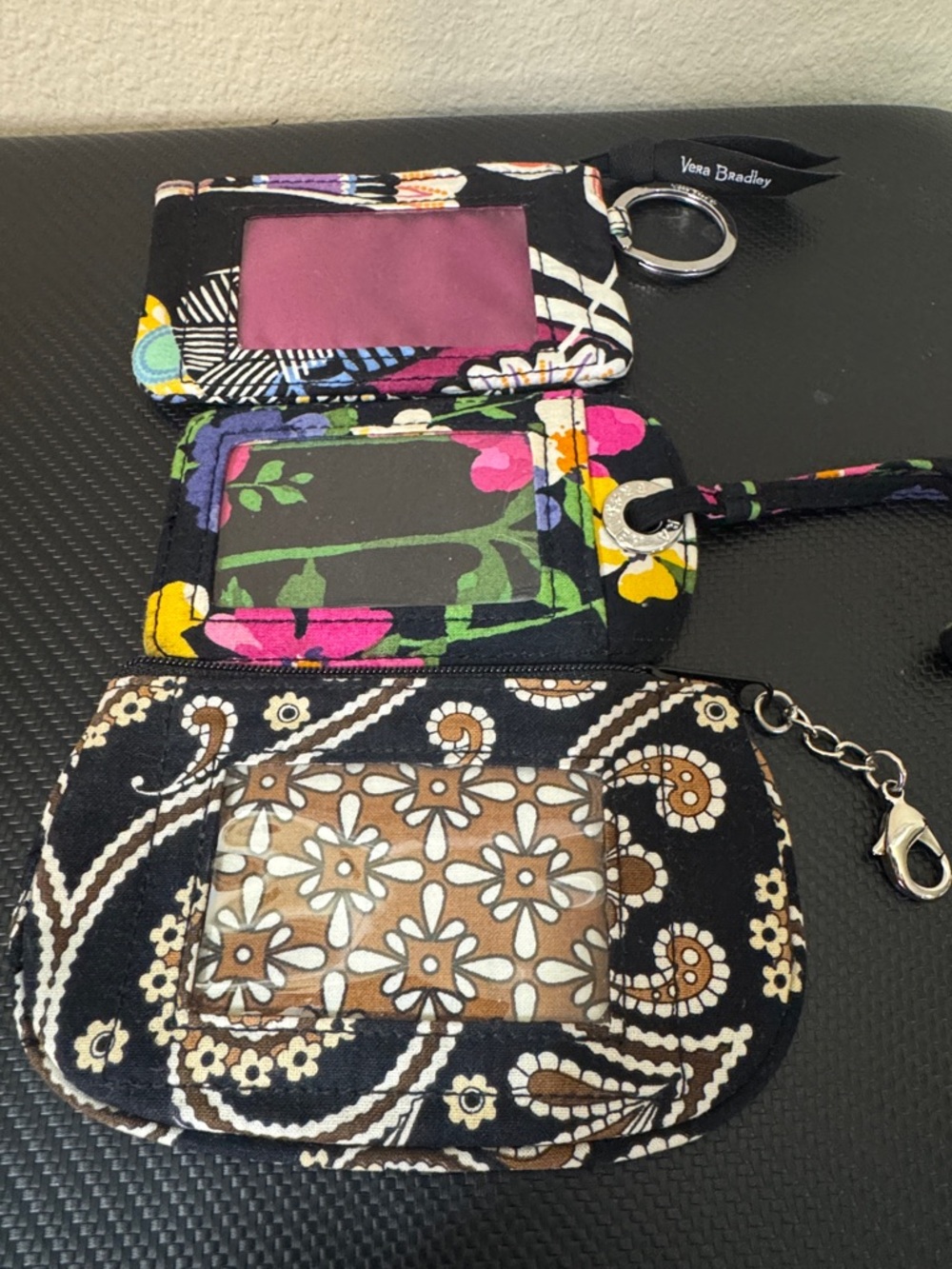 Vera Bradley Quilted Floral ID Holder Trio in Black, Pink, Green, Brown Bundle
